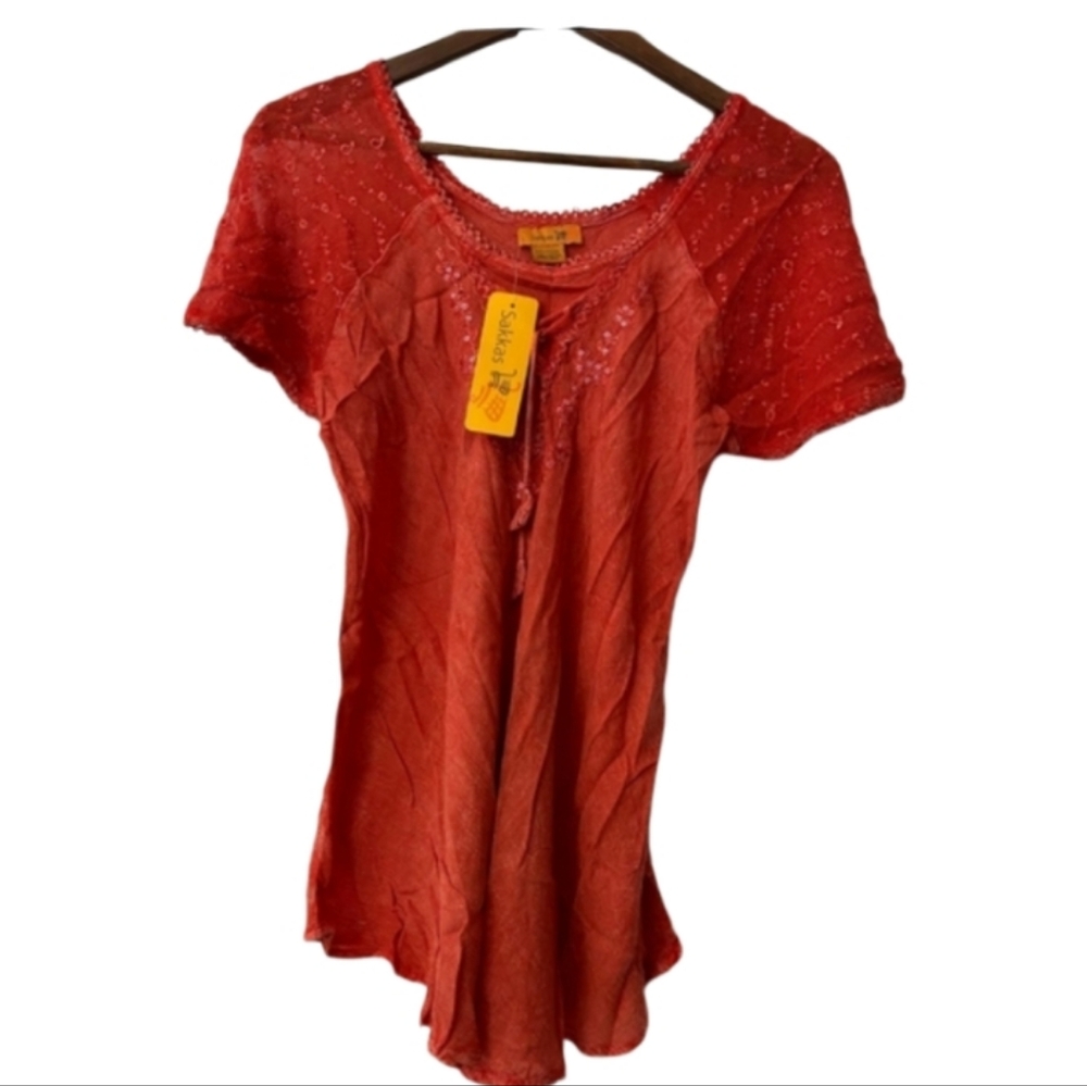 Sakkas red orange round neck embellished top free size OS NWT